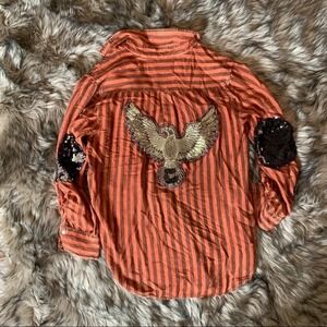 Libby Story Striped Button Down Shirt Women M‎ Orange Skull Eagle Sequin Top